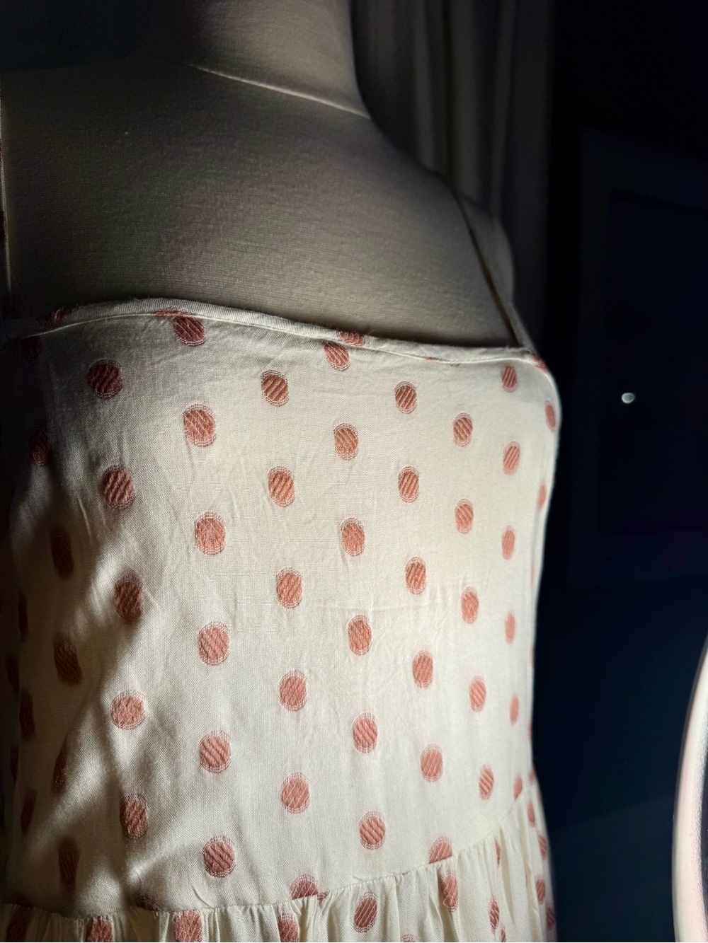 Off white adjustable Strap Polka Dot Tiered Maxi Dress - Pink Dots - Picture 3 of 11